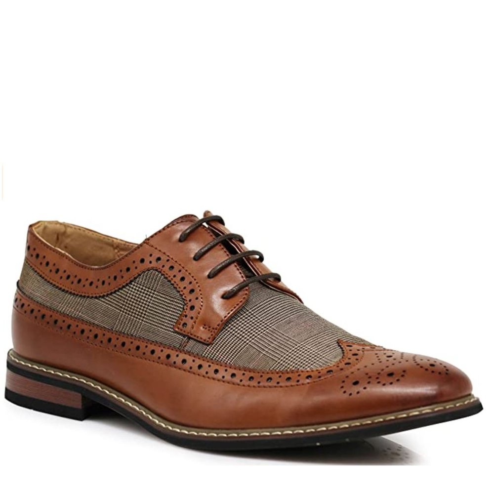 Men's Spectator Two Tone Tweed Perforated Wing Tip Lace Up Oxford Dress Shoes